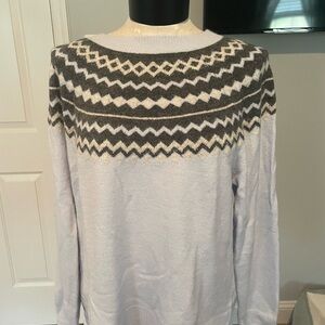 Light Blue Fairisle Sweater.  Tag is off but a large.  Worn ince